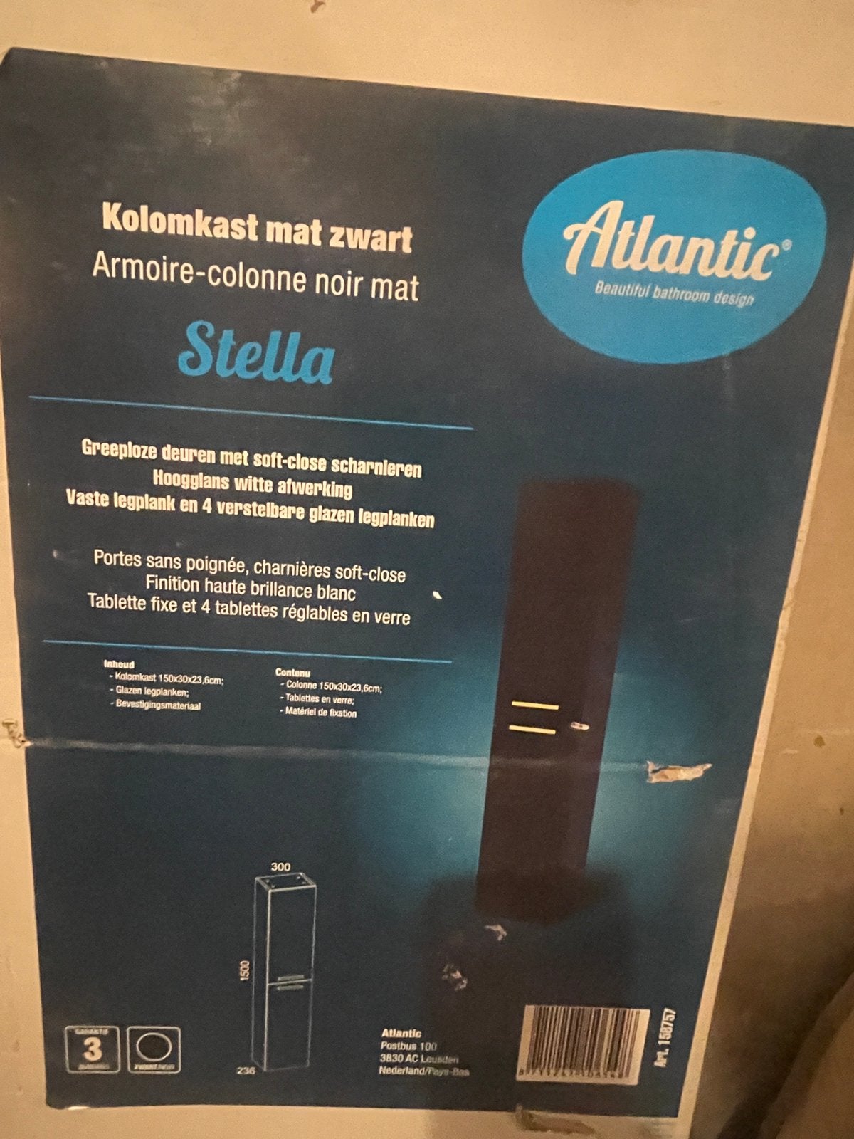 Atlantic Stella Badkamer Kolomkast – Mat Zwart (150x30 cm), Huis en Inrichting, Badkamer | Badkamermeubels, Ophalen, Nieuw
