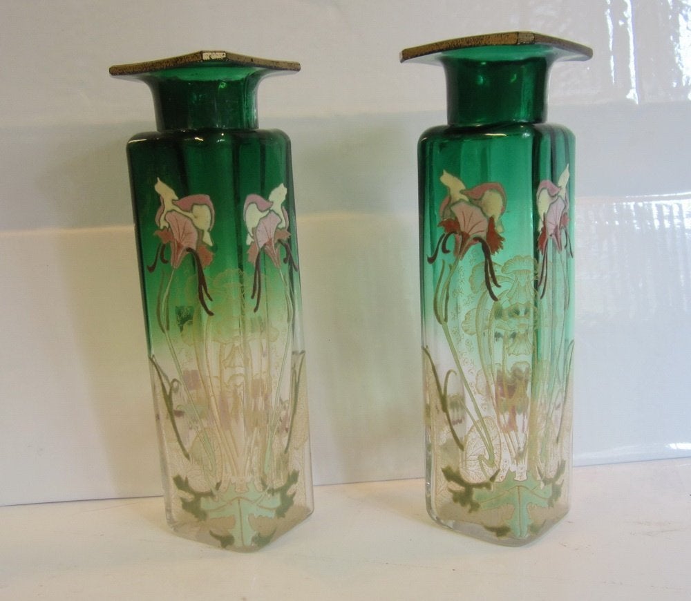 2 zeldzame art nouveau Legras Montjoye vazen, email, ca 1910, Verzenden
