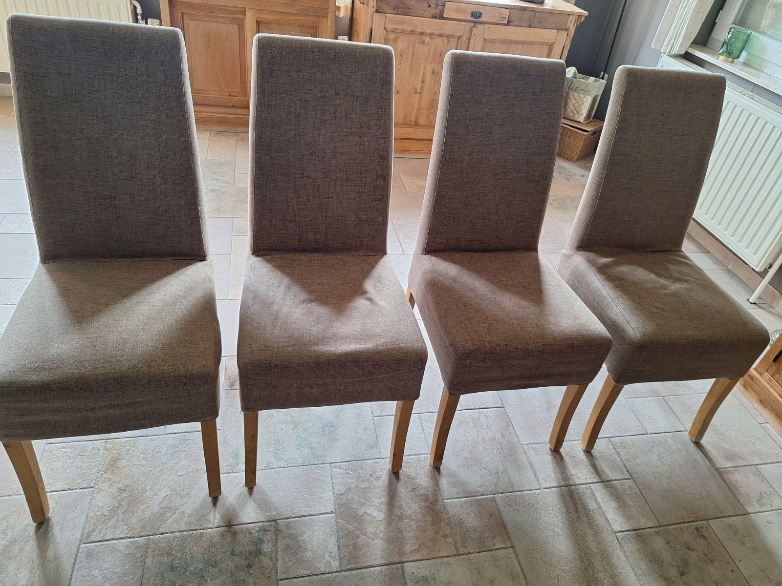 4 stoelen met eiken poten en afbeembare hoes, Ophalen, Gebruikt, Stof, Vier