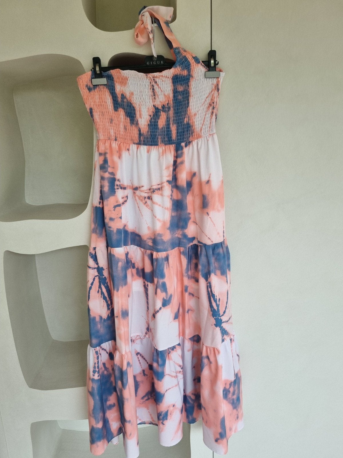 Lange zomerse jurk (roze-wit-blauw) maat L, Maat 42/44 (L), Ophalen of Verzenden, Zo goed als nieuw, Roze