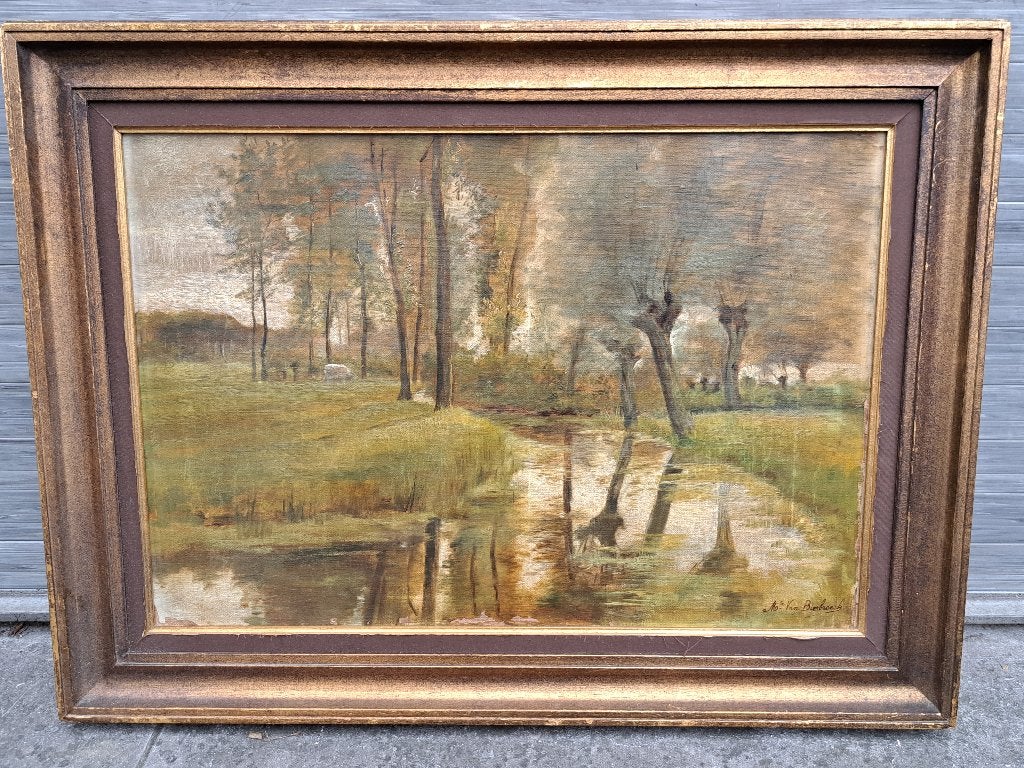 Huile sur toile paysage signe m te van biesbroeck, Antiek en Kunst, Ophalen of Verzenden, Landschap, Doek