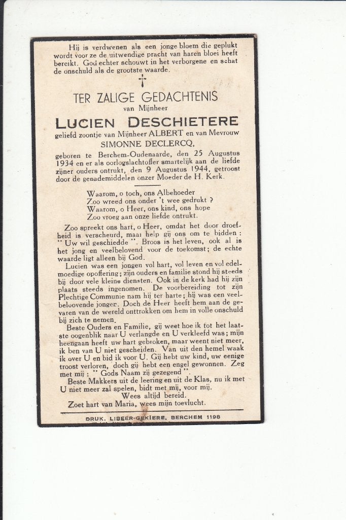 Slachtoffer WO II - Berchem-Oudenaarde 1944 - Deschietere, Verzamelen, Bidprentjes en Rouwkaarten, Verzenden, Bidprentje