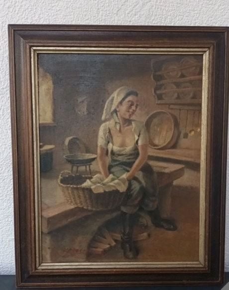 antiek schilderij `` boerin zonder woorden``  K. Moser, Ophalen, Paneel, Portret of Personen, Gesigneerd