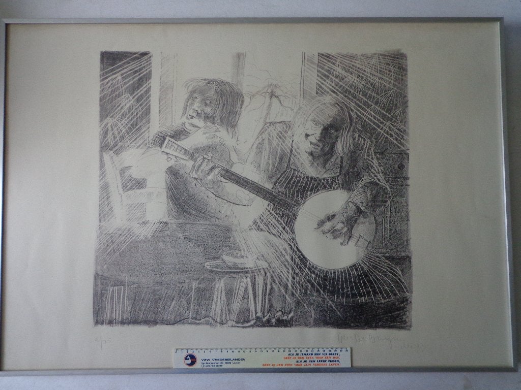KOOPJE Grote litho Dees De Bruyne "Twee muzikanten", Gesigneerd, Ophalen, Portret en Figuren, Lithografie