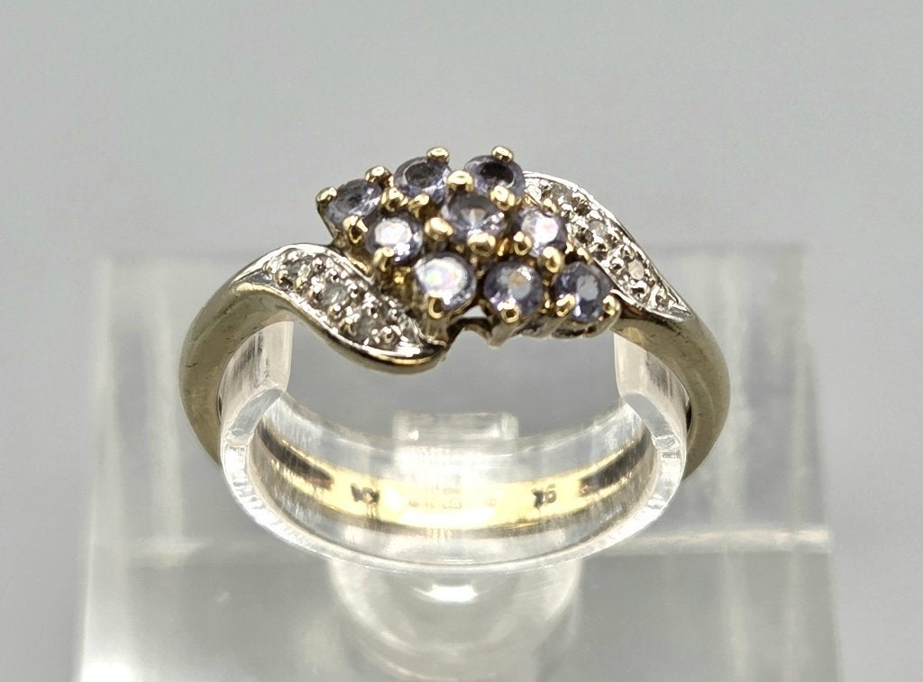 Vintage ring met edelsteen tanzaniet en diamant. 2026/704, Paars, Ophalen of Verzenden, Met edelsteen, Dame
