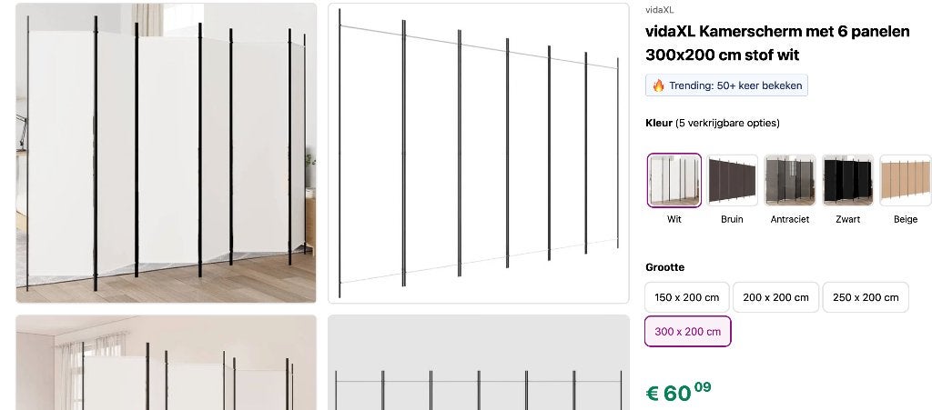 vidaXL Kamerscherm met 6 panelen 300x200 cm stof wit, Ophalen, Gebruikt