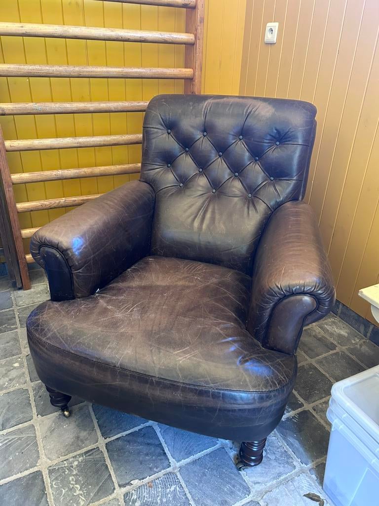 Fauteuil bruin leder, Ophalen, Gebruikt, 75 tot 100 cm, Leer