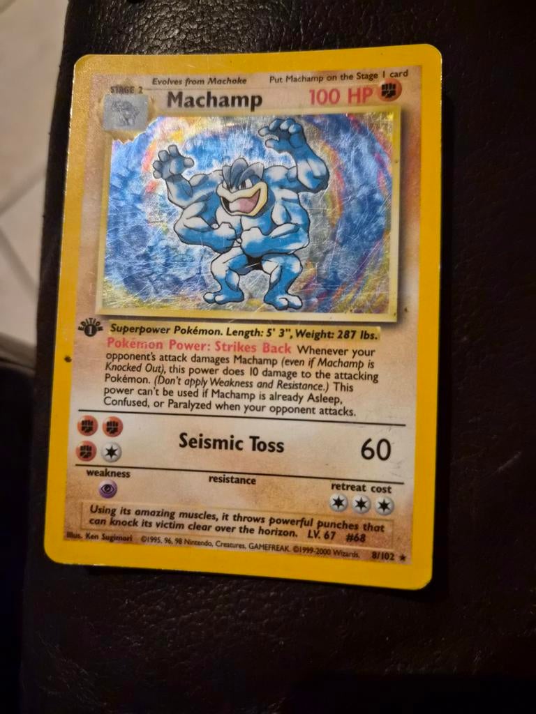Machamp holo base set 8/102, Hobby en Vrije tijd, Verzamelkaartspellen | Pokémon, Ophalen of Verzenden, Gebruikt, Losse kaart