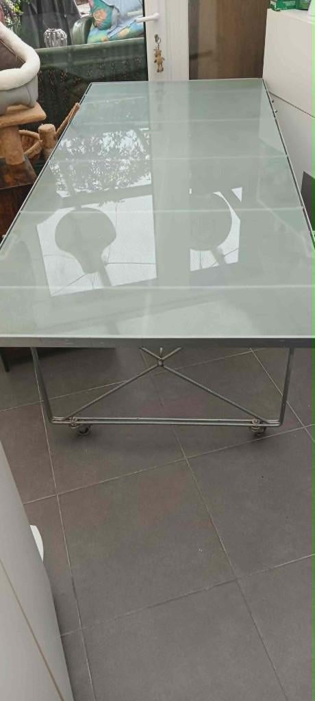 Glazen eettafel-industriele look 200x85(frame demonteerbaar), Ophalen, 200 cm of meer, 50 tot 100 cm, Zo goed als nieuw