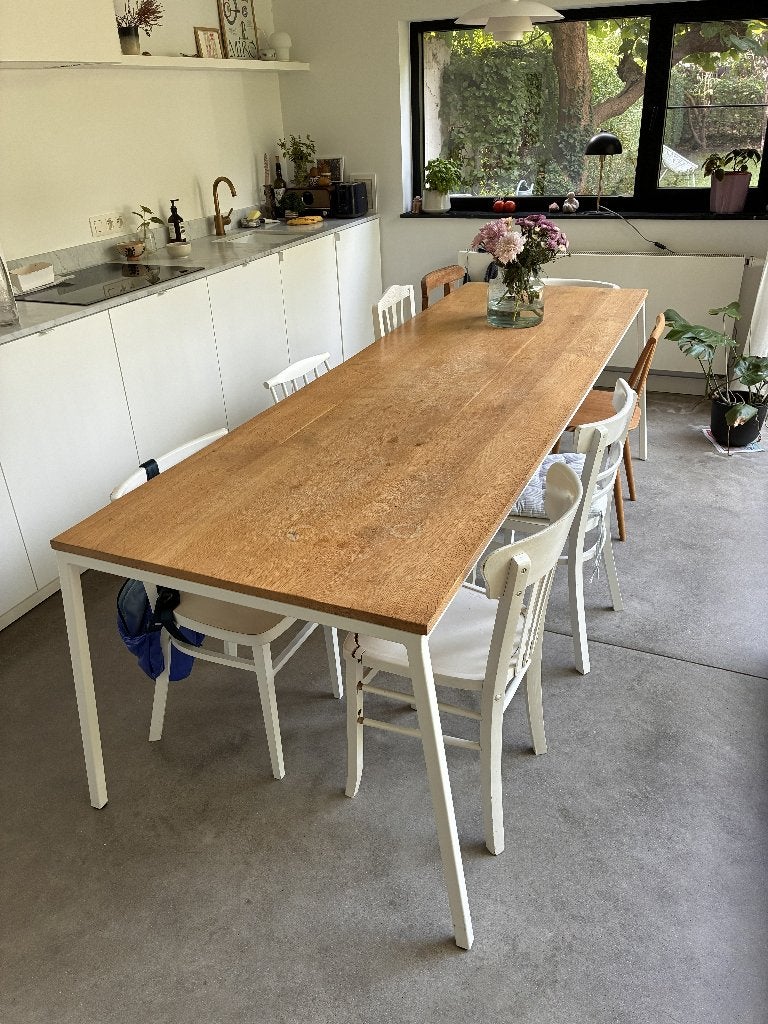 Grote eettafel met eiken tafelblad (260cm), Huis en Inrichting, Tafels | Eettafels, Ophalen, Gebruikt, 200 cm of meer, 50 tot 100 cm
