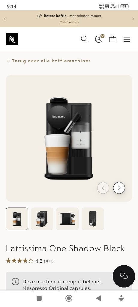 Nespresso Lattissima One Shadow Black, Elektronische apparatuur, Ophalen, Zo goed als nieuw, Espresso apparaat, Koffiepads en cups