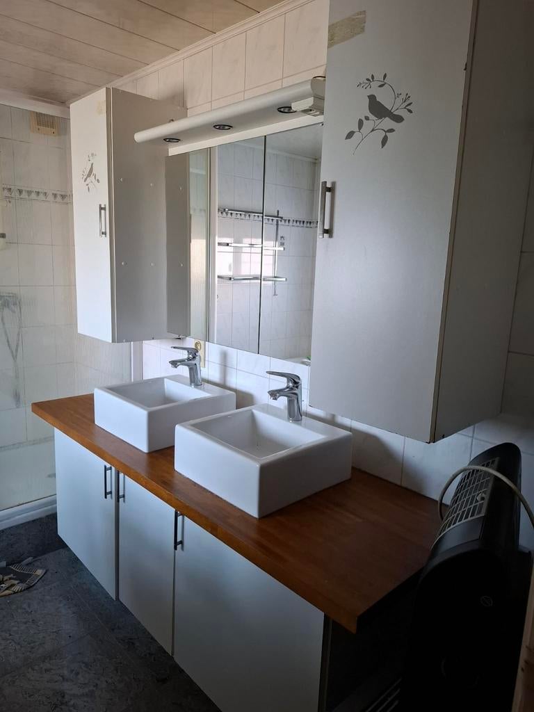 Badkamermeubel met 2 lavabo's en 2 kolomkasten + spiegelkast, Ophalen, Spiegelkast