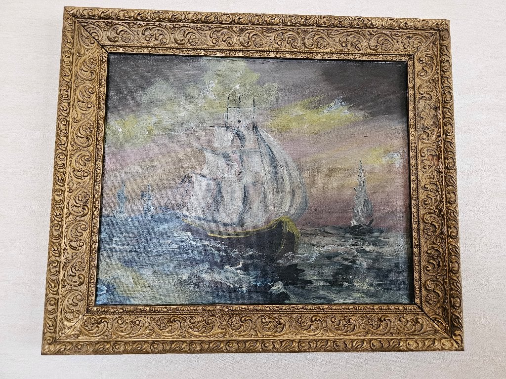 Schilderij 'Zeilschip op zee' met lijst, Antiek en Kunst, Ophalen, Maritiem / water, Doek, Olieverf