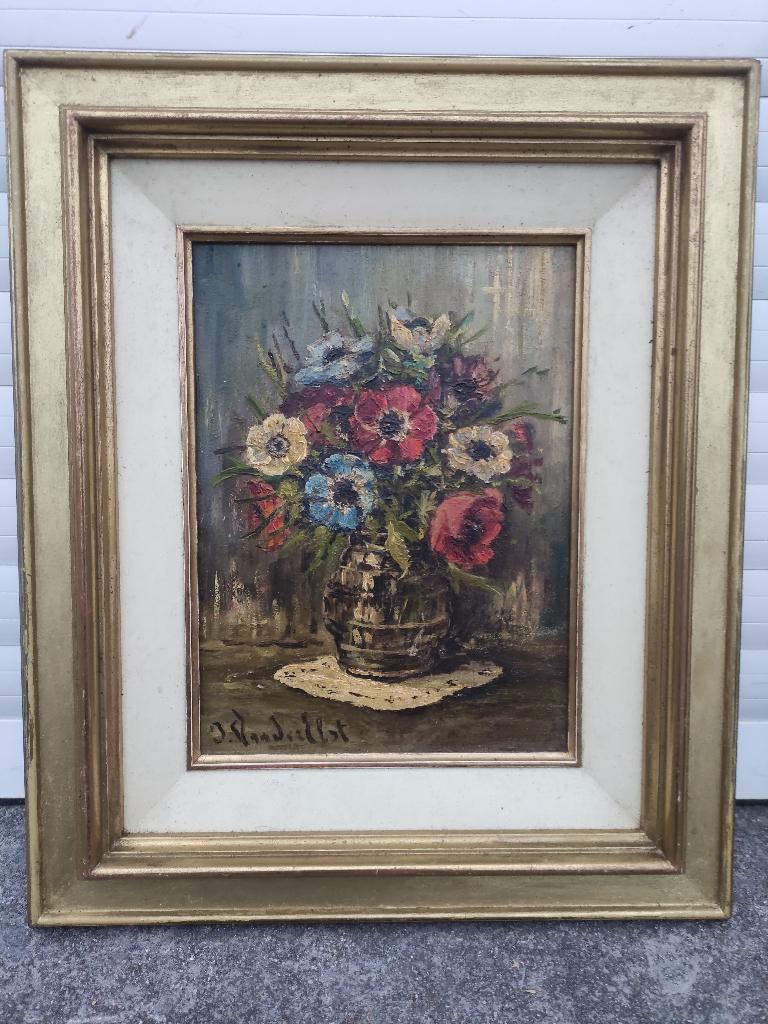 Huile sur panneau anémones variées signe j van der elst, Antiek en Kunst, Ophalen of Verzenden