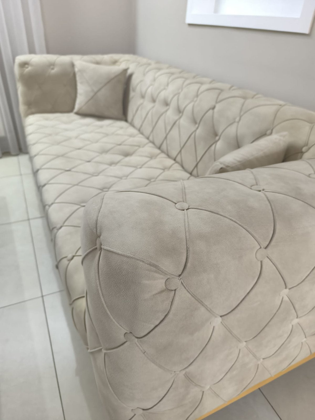 Chesterfield stof zetel beige, Huis en Inrichting, Ophalen, Zo goed als nieuw