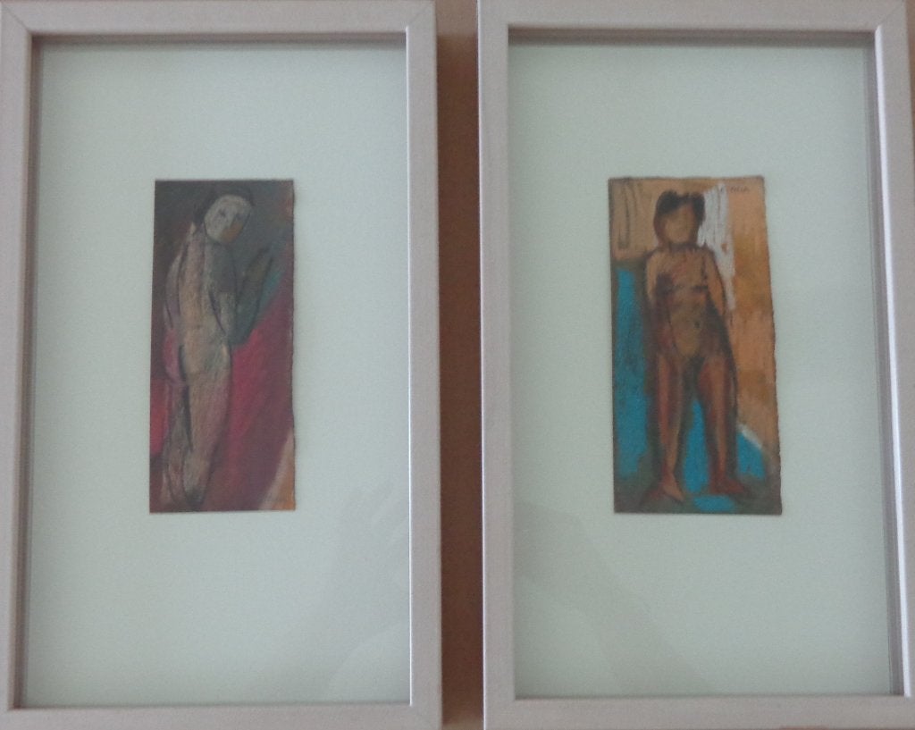 COLETTE BITKER / 2 STUKS / NAAKTE VROUWEN ORIGINEEL 39x23cm, Enlèvement ou Envoi, Verre, Signé, Pastel