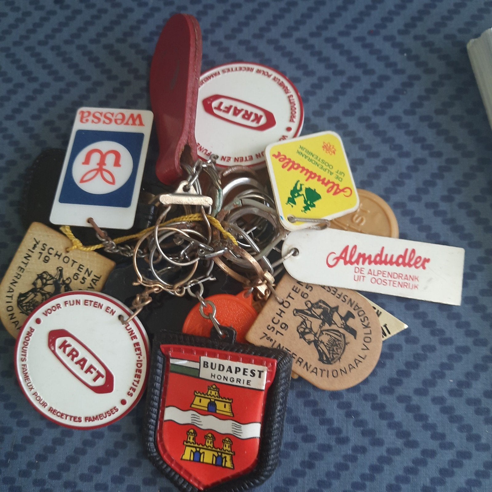 16-tal VINTAGE merksleutelhangers:KRAFT,DANSFEST SCHOTEN 65, Verzamelen, Ophalen, Zo goed als nieuw, Merk