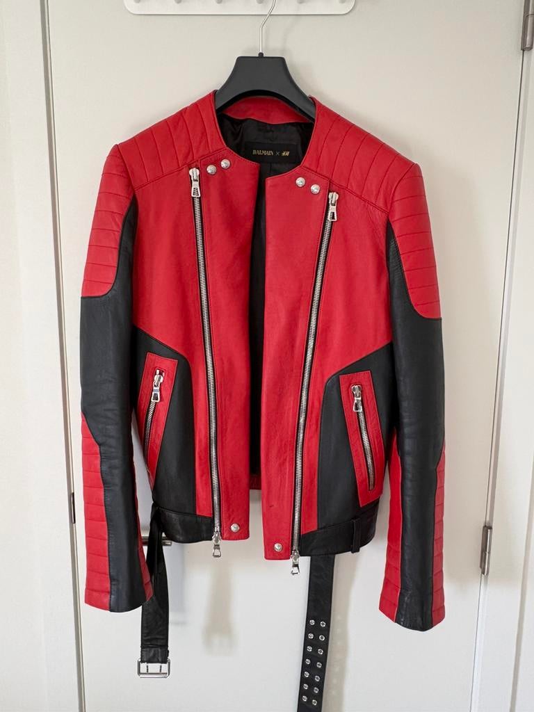 Balmain/H&M rood/zwart leder motorjas, Kleding | Dames, Ophalen, Gedragen, Maat 38/40 (M), Rood