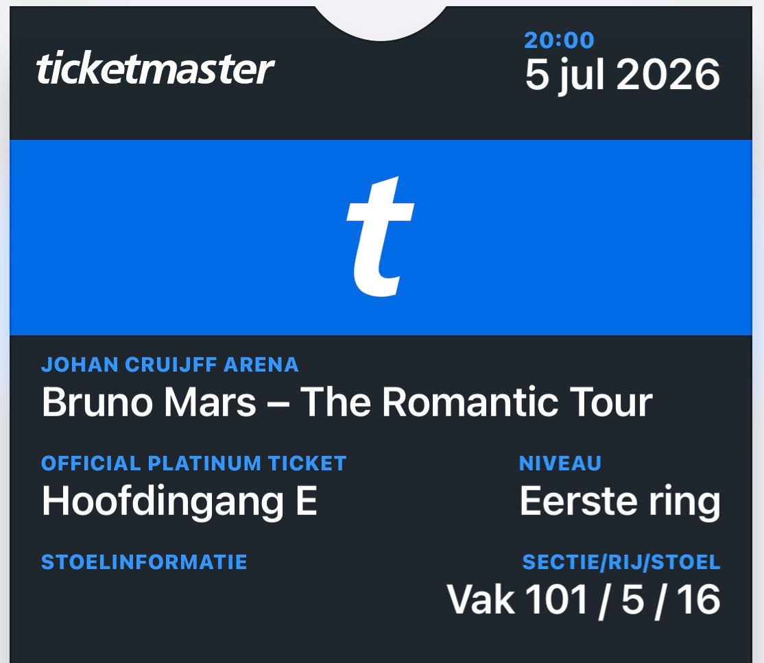 Concert tickets Bruno Mars 5 juli 2026. Amsterdam, Eén persoon, Juli