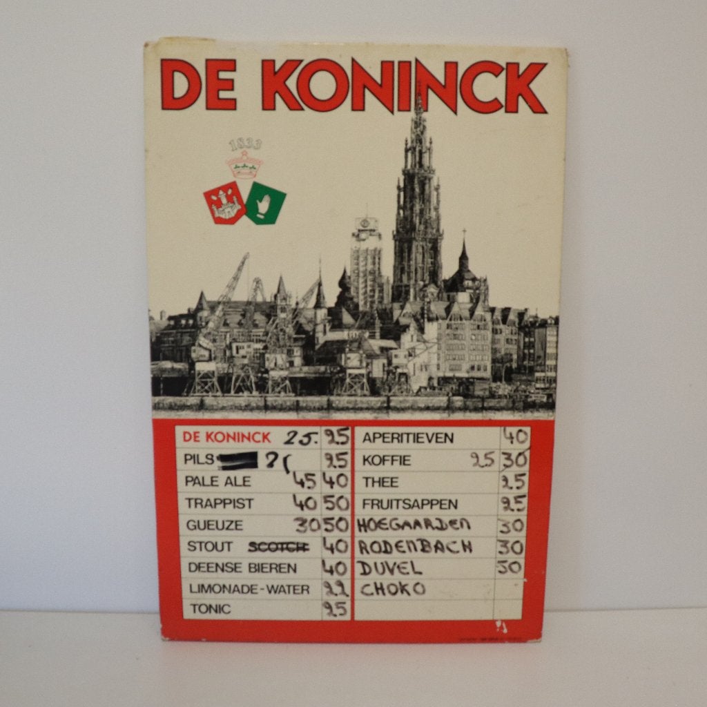 Historische De Koninck bieren prijslijst jaren 80, Verzamelen, Merken en Reclamevoorwerpen, Ophalen of Verzenden, Gebruikt, Reclamebord