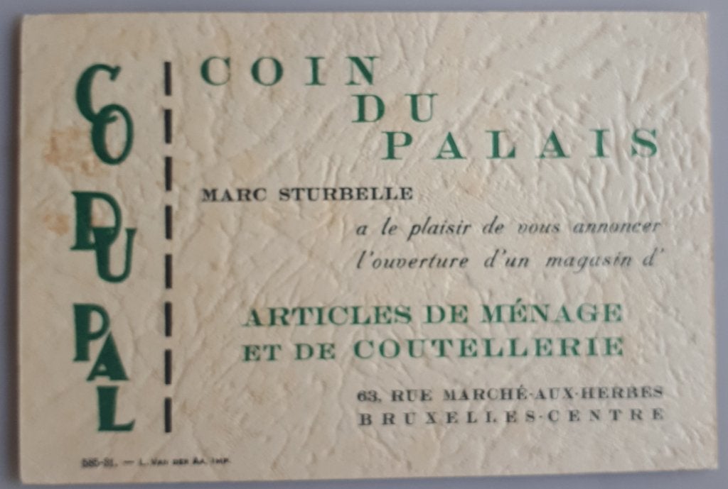 RECLAMEkaart COIN DU PALAIS Marc STURBERLLE Ref B8, Ophalen of Verzenden, 1920 tot 1940, Ongelopen, Brussel (Gewest)