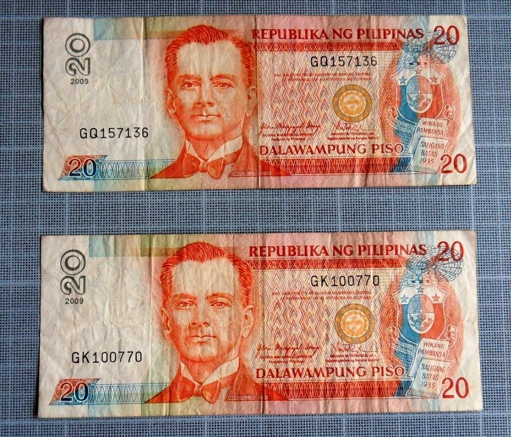 2 Filipijns bankbiljet van 20 pesos 2009., Verzenden, Zuidoost-Azië, Los biljet