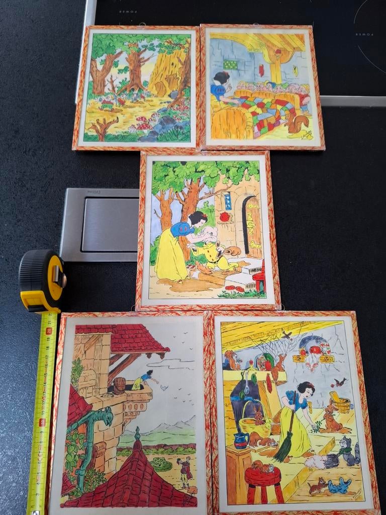 Rare Série de 5 Tableaux Vintage Blanche-Neige - Walt Disney, Ophalen of Verzenden, Sneeuwwitje of Doornroosje, Zo goed als nieuw