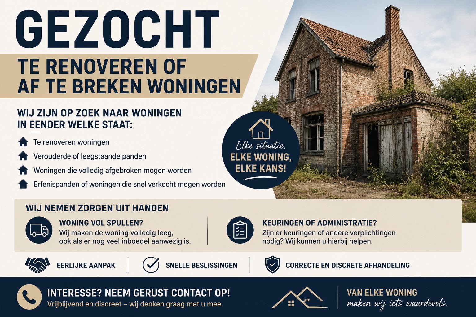 GEZOCHT: Te renoveren of af te breken woning, Immo