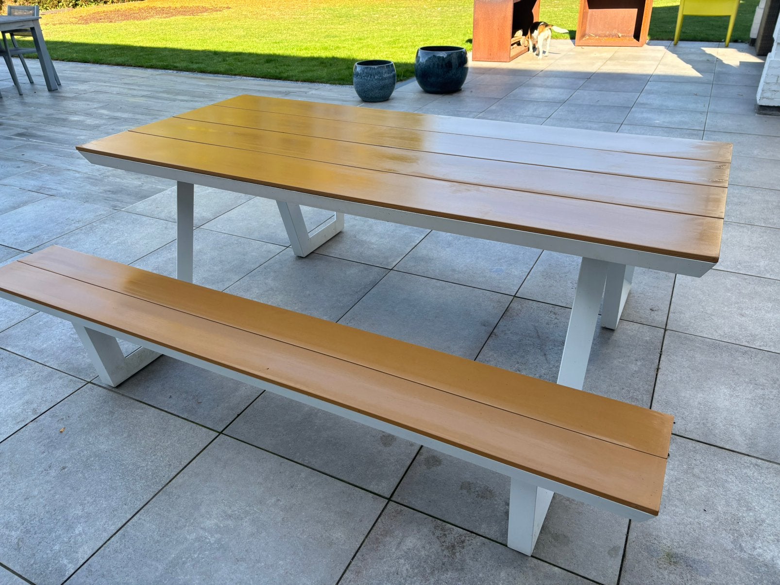 Table de pique-nique blanc + couleur bois, Jardin & Terrasse, Enlèvement, Utilisé, Carré, Autres matériaux