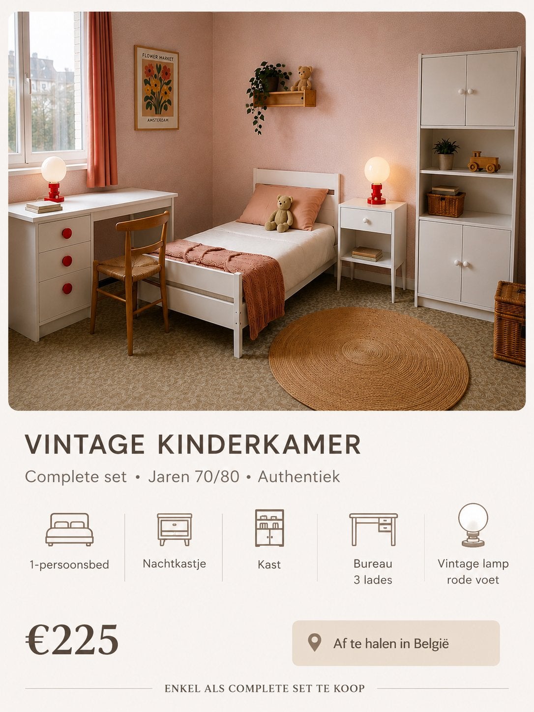 Chambre d'enfant vintage authentique -  complet de 5 pièces, Maison & Meubles, Enlèvement, Comme neuf, Blanc, Bois