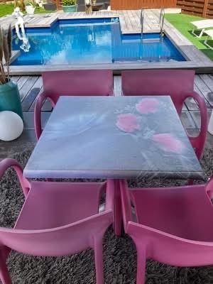 3 opklapbare terras tafels en 4 stapelbare stoelen, Tuin en Terras, Ophalen