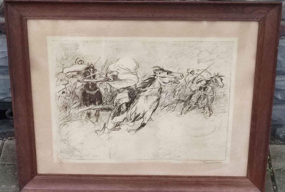 Lithographie cavalier arabe signe Gustave flasschoen, Antiquités & Art, Enlèvement ou Envoi, Lithographie