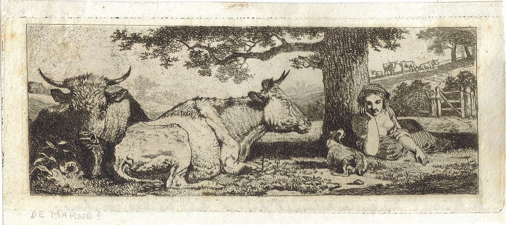Jean-Louis De Marne ets "Femme se Reposant près de 2 Vaches", Enlèvement, Autres types, Moins de 50 cm, 5 – 50