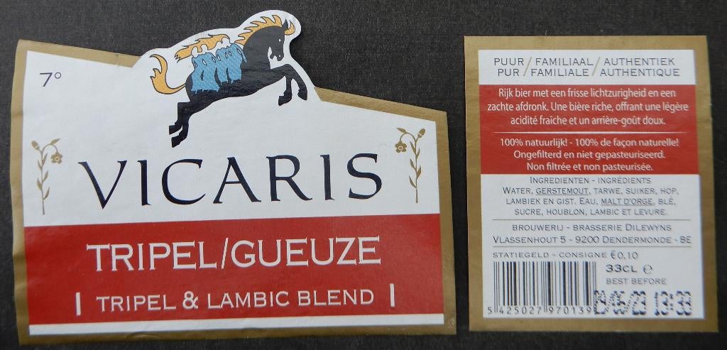 Bieretiket Vicaris tripel/gueuze Brouwerij Dilewyns (12k2), Verzamelen, Verzenden, Gebruikt