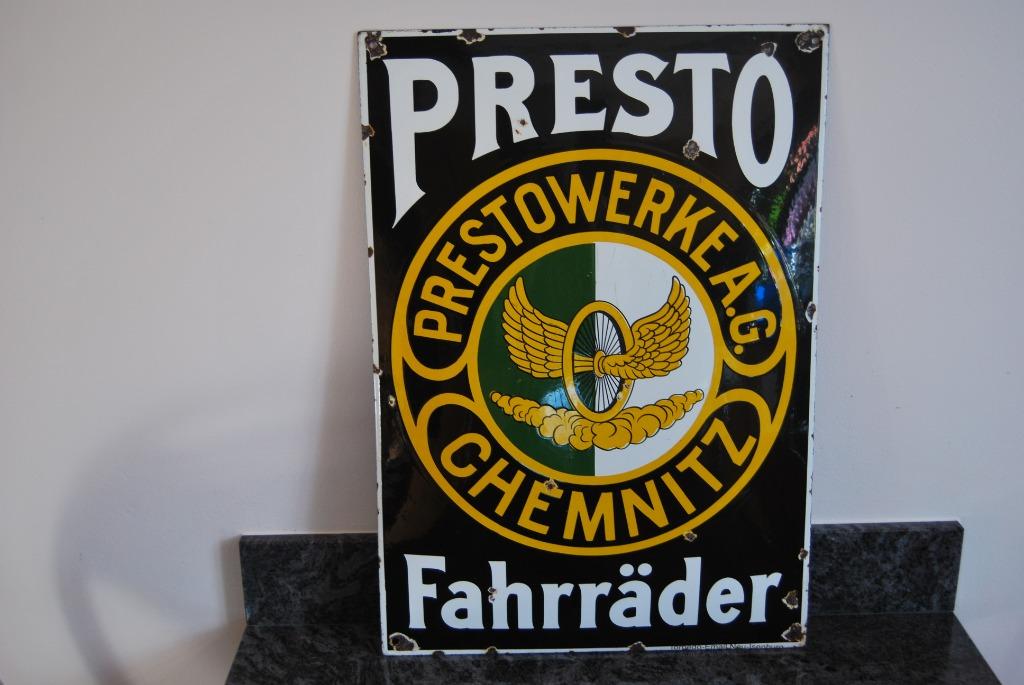 PRESTO FAHRRADER. FIETS. GEWELFDE EMAILLE PLAAT, Verzamelen, Merken en Reclamevoorwerpen, Ophalen of Verzenden