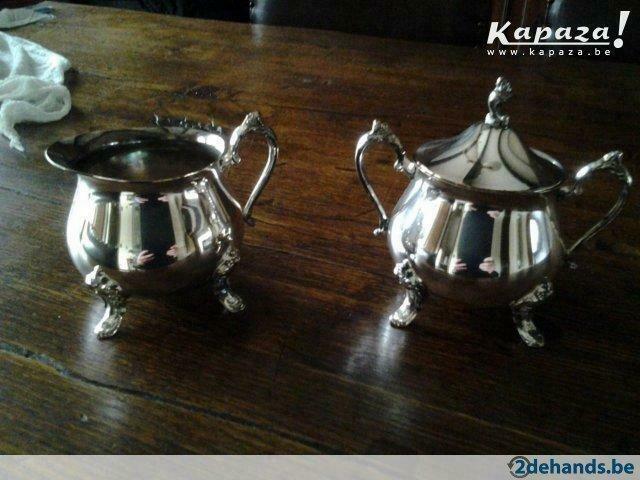 Verzilverde koffiekan, suiker- en melkpotje, Antiek en Kunst, Ophalen of Verzenden