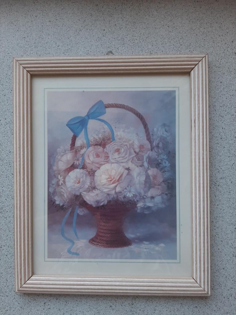 Vintage Romantisch bloemenstilleven in houten lijst, Ophalen of Verzenden, Zo goed als nieuw