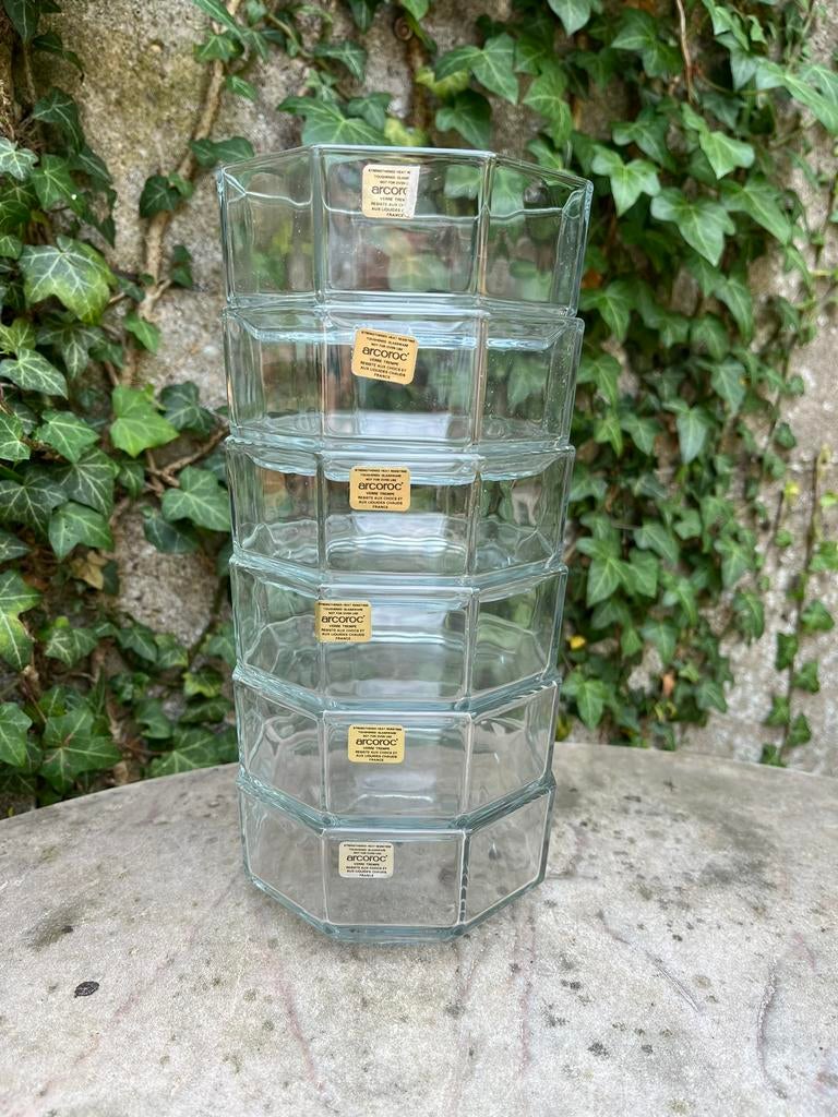 6 schaaltjes helder glas Arcoroc Octime 8-kantig, Gebruikt, Ophalen of Verzenden, Overige stijlen, Glas