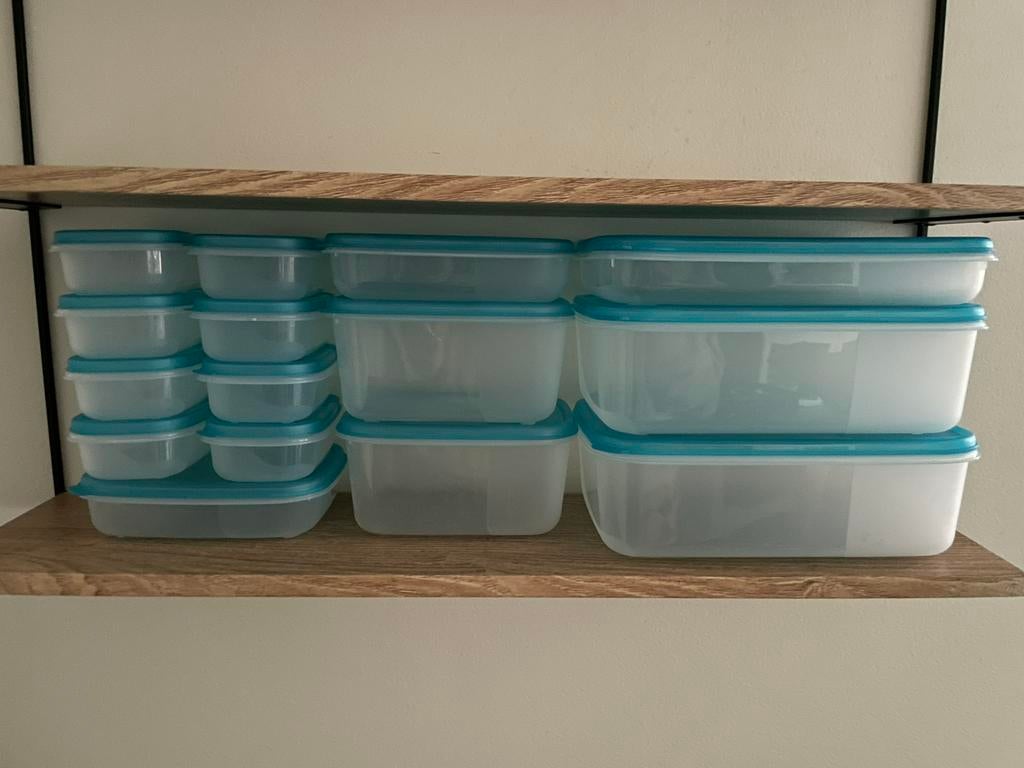 Set 15 plastic bewaardozen, Maison & Meubles, Cuisine| Tupperware, Comme neuf, Autres types, Bleu, Enlèvement ou Envoi