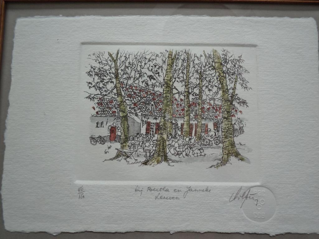 André Colpin kleurenets abdij VLIERBEEK Bij Bertha & Janneke, Antiek en Kunst, Kunst | Etsen en Gravures, Ophalen of Verzenden