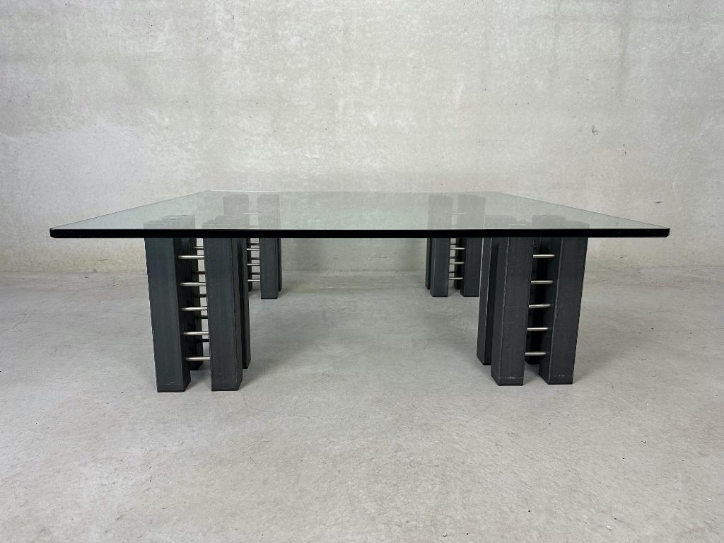 Design salontafel glas en staal, Huis en Inrichting, Tafels | Salontafels, Ophalen, Design, Vierkant, Zo goed als nieuw