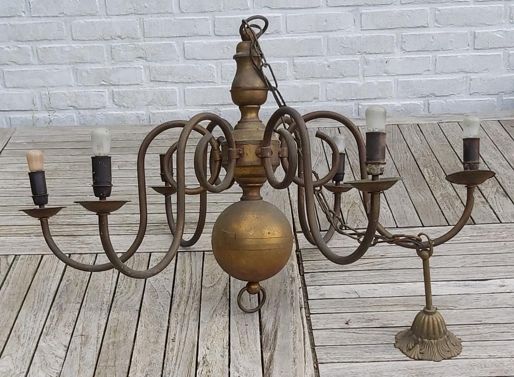 Oude Vintage kroonluchter koper messing6 arms op te knappen., Huis en Inrichting, Ophalen of Verzenden, Gebruikt, Metaal