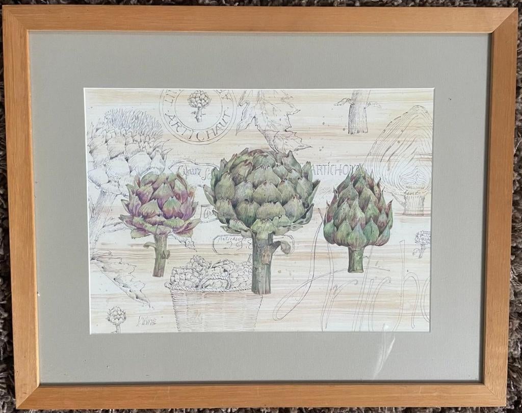ingekaderde prent van artisjokken, Verzamelen, Ophalen of Verzenden, Zo goed als nieuw, Natuur, Prent