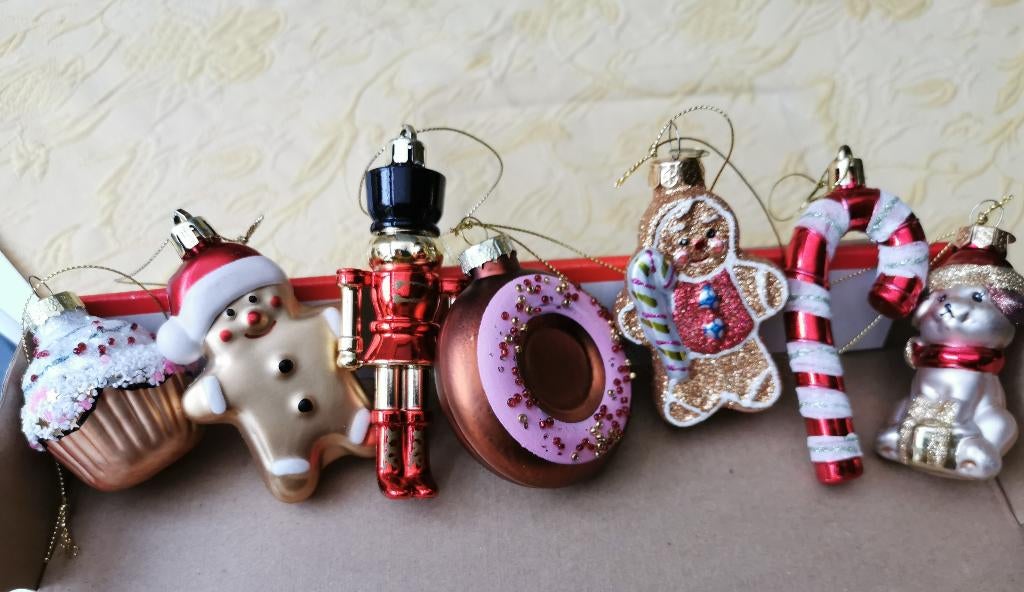 Snoepjes en koekjes kerstballen vintage 7 stuks. Prijs/set., Diversen, Ophalen of Verzenden, Zo goed als nieuw