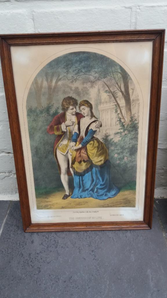 antieke gekleurde litho's  duo  'confession of love', Ophalen of Verzenden
