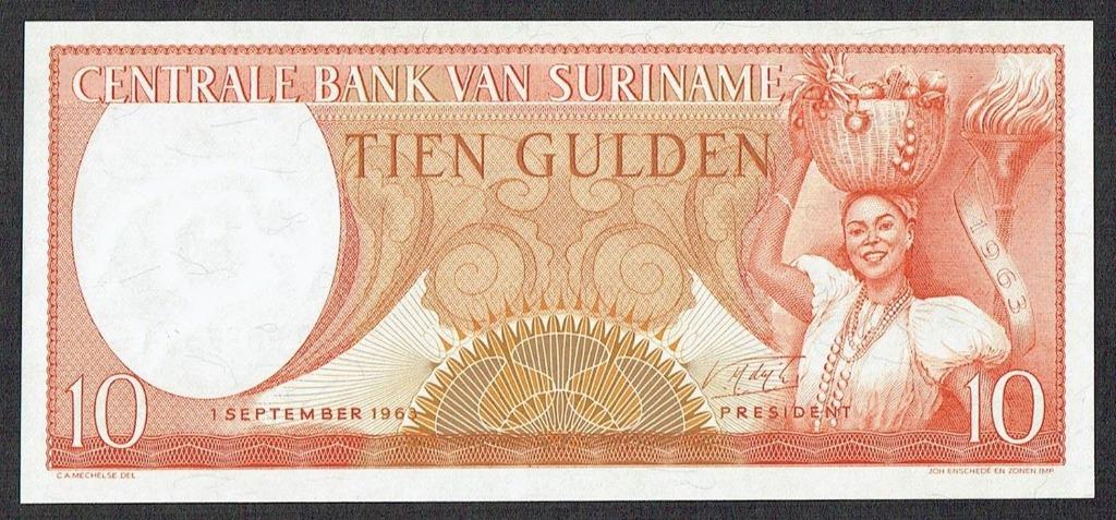 Suriname 1963 10 Gulden bankbiljet (reguliere uitgifte) UNC, Verzenden, Zuid-Amerika, Los biljet