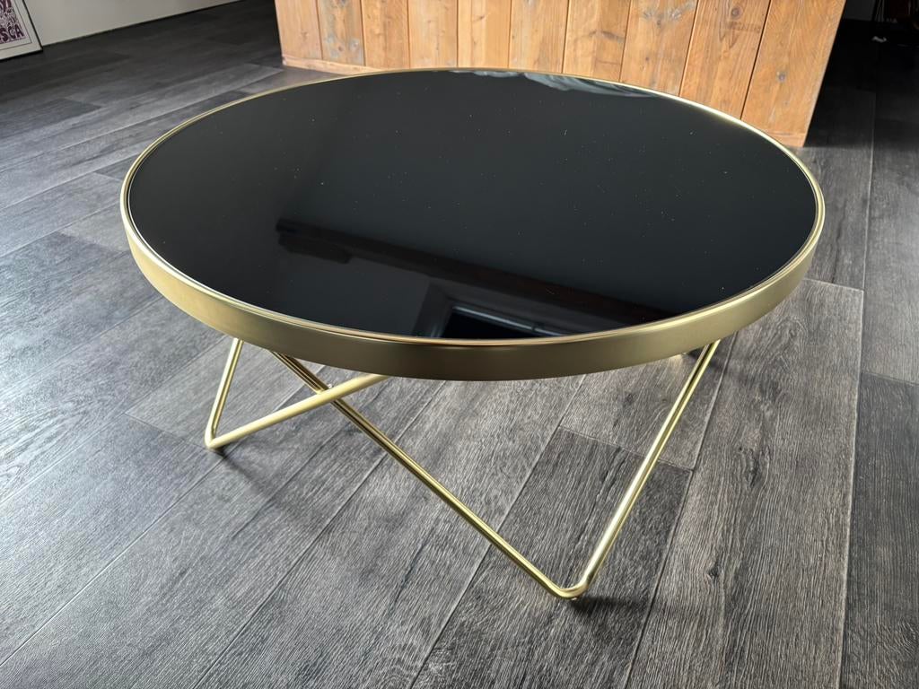 Salontafel zwart glas/messing, Huis en Inrichting, Tafels | Bijzettafels, Ophalen, Gebruikt, Rond, Glas