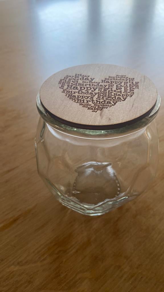 Pot met deksel Happy Birthday, Huis en Inrichting, Zo goed als nieuw, Glas