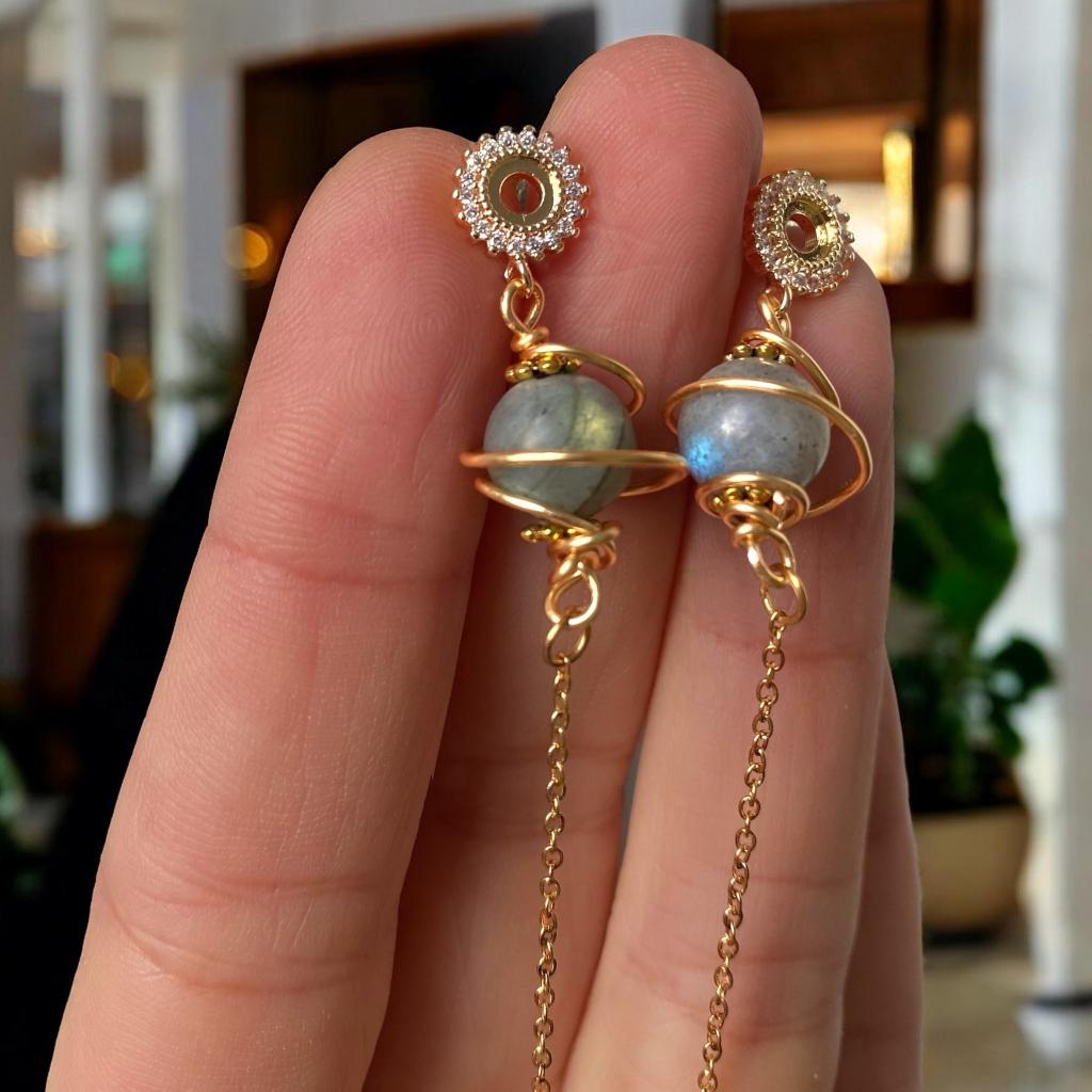 Boucles d'oreilles Labradorite Planet en argent 925, Neuf, Gris, Enlèvement ou Envoi, Avec cristal