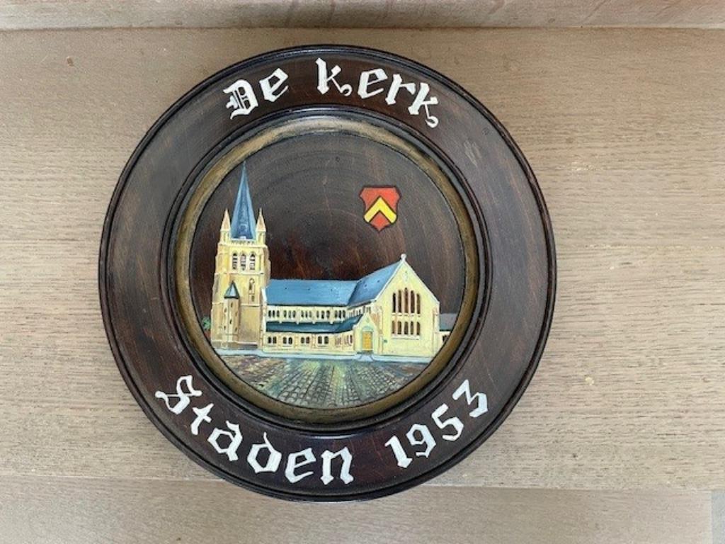 HANDGESCHILDERD HOUTEN SIERBORD ST.JAN-BAPTIST KERK STADEN, Antiek en Kunst, Ophalen of Verzenden